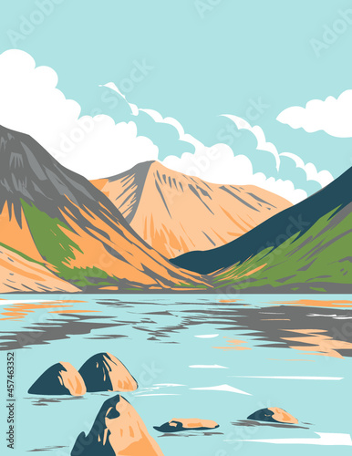 Art Deco or WPA poster of Wasdale Head and Wast Water in the Lake District National Park in Cumbria, England, UK done in works project administration style.
