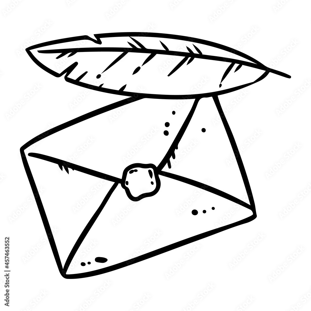 Cute cartoon envelope with a quill doodle image. Media highlights graphic symbol Cute cartoon envelope with a quill doodle image. Media highlights graphic symbol
