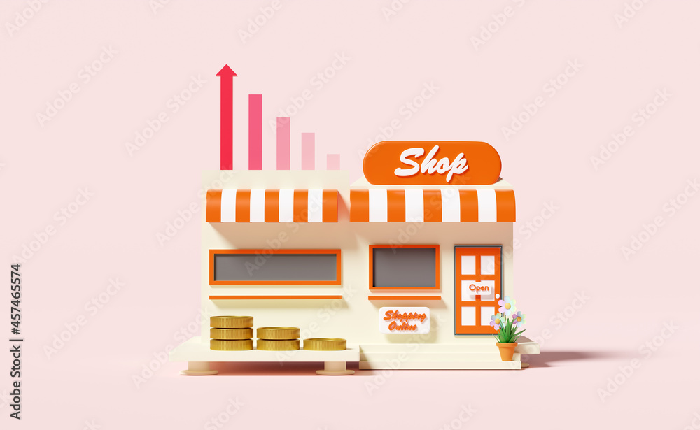 building shop store cafe with arrow,bar graph,coins,storefront sign,flowerpot isolated on pink  background.startup franchise business concept,3d illustration or 3d render