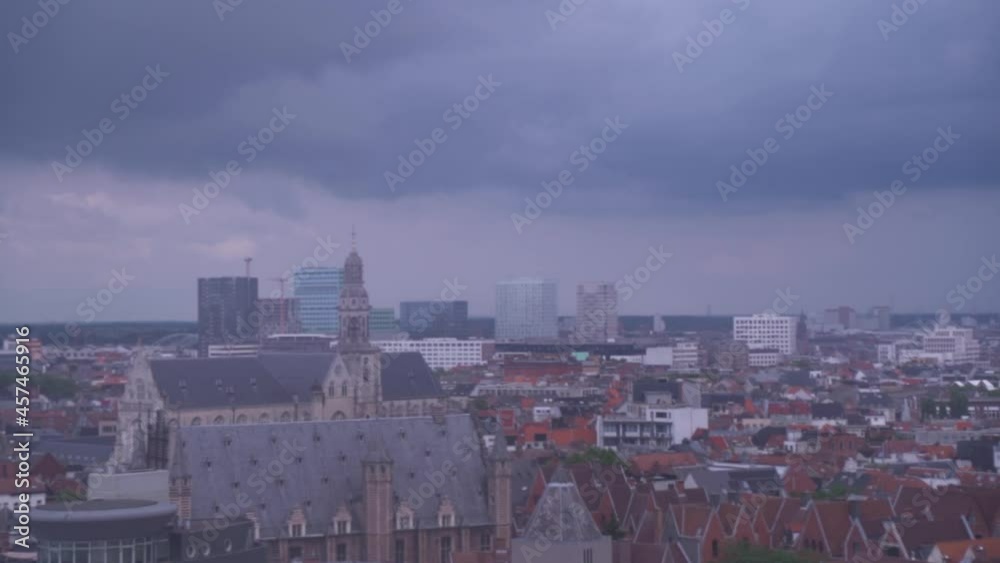 Aerial view of dark grey rainclouds over the beautiful metropolitan city of Antwerp, Cityscape, Belgium Aerial view of dark grey rainclouds over the beautiful metropolitan city of Antwerp, Cityscape, Belgium