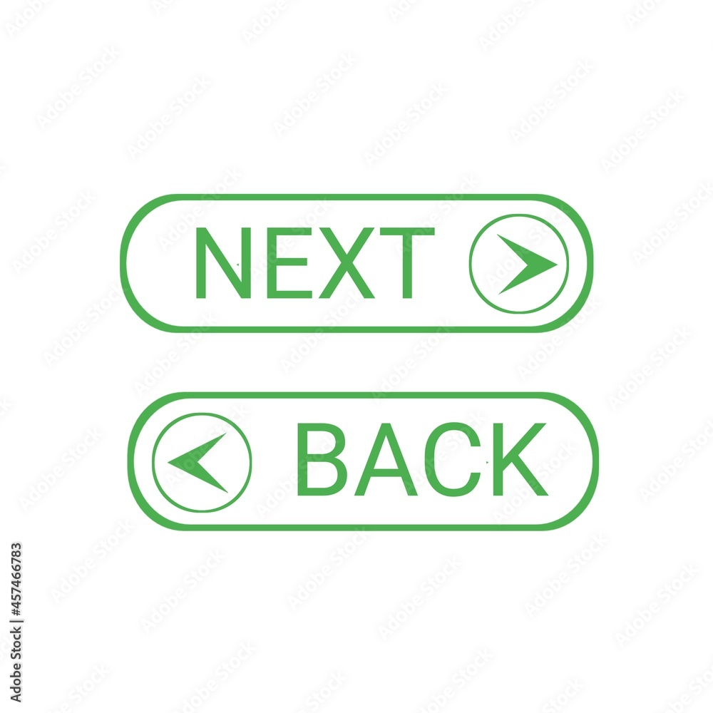 Next and back buttons set for web icon various color white background Next and back buttons set for web icon various color white background