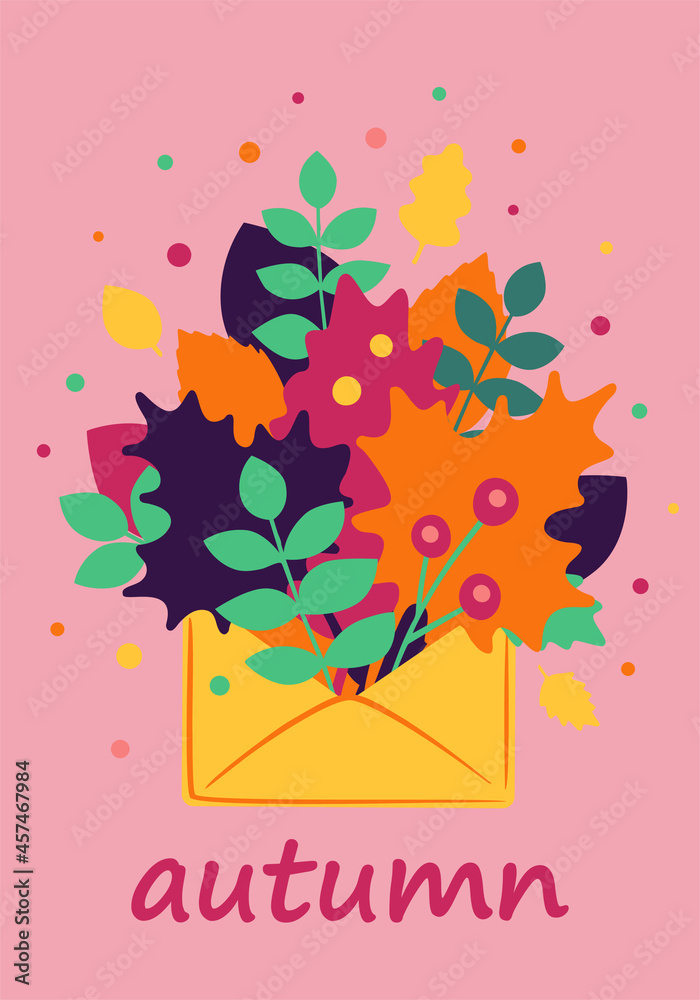 Decorative beautiful autumn card in сartoon flat style. Autumn leaves and berries in a envelope. The concept of enjoying the beautiful autumn. Colorful vector template for card, cover, flyer, poster. Decorative beautiful autumn card in сartoon flat style. Autumn leaves and berries in a envelope. The concept of enjoying the beautiful autumn. Colorful vector template for card, cover, flyer, poster.