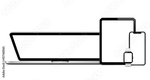Closed laptop, tablet, phone and smart watch mock up with blank empty screen