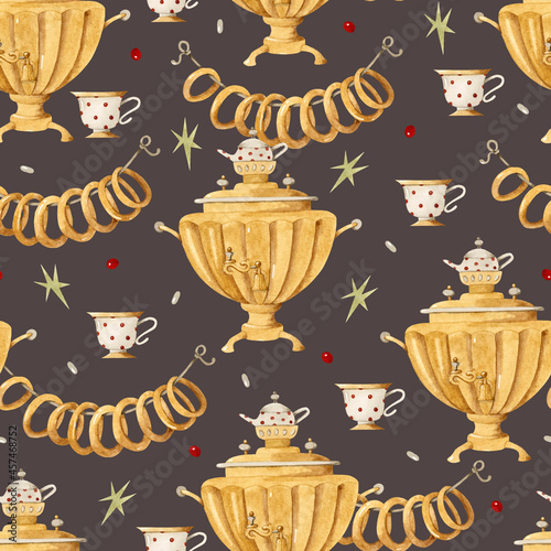 Russian samovar and bagels watercolor seamless pattern	
