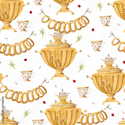 Russian samovar and bagels watercolor seamless pattern