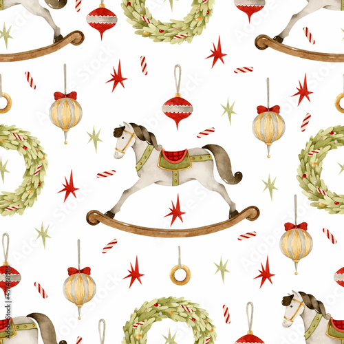 Rocking horse Christmas toys watercolor seamless pattern 