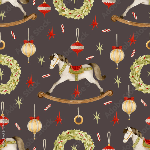 Rocking horse Christmas toys watercolor seamless pattern