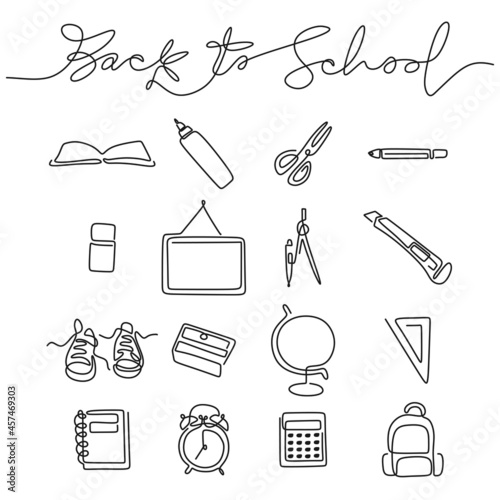 Continuous one line drawing of back to school handwritten words with note book, pencil, book, board, scissor, cutter, calipers, shoes, bag, calculator, alarm clock and globe.