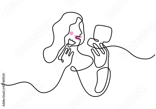 Continuous single line drawing of happy woman face using pink powder with big mirror. Woman make up theme one line isolated on white background.