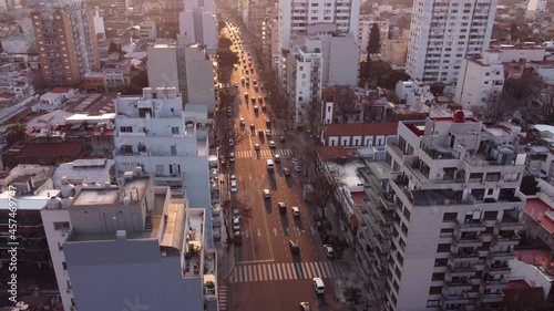 Rising aerial view of Buenos Aires traffic during sunset photo