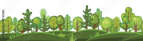 Flat forest. Horizontal seamless composition. Cartoon style. Funny green rural landscape. Level the game. Comic background design. Cute scene with trees. Isolated Vector