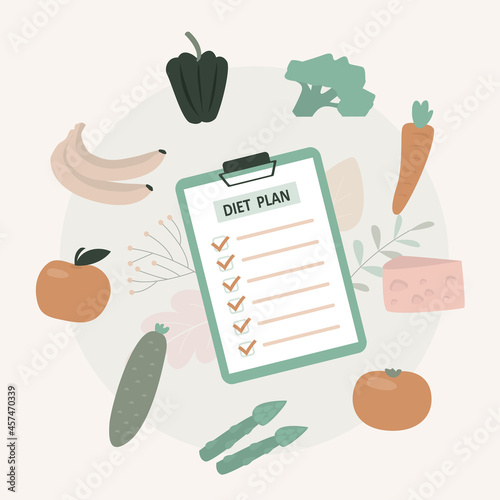 Clipboard with nutrition plan, exercise schedule. Healthcare and dietetics concept. Various fresh vegetables and fruits