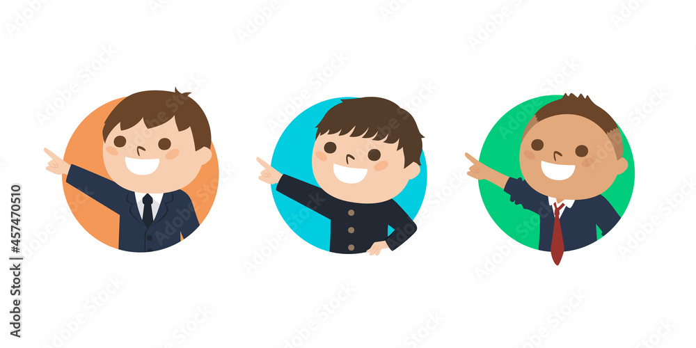Fototapeta premium 男子学生たちのイラスト。円形の窓から指差してる笑顔の男の子たち。