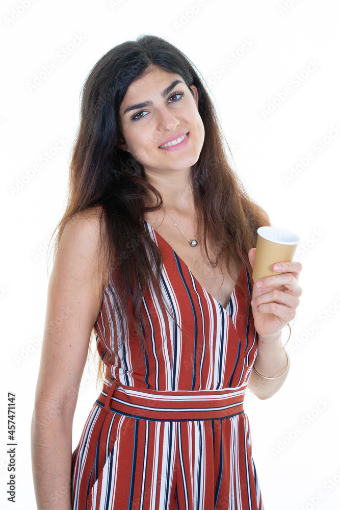 attractive pretty lovely cheerful brunette girl holding paper cup coffee isolated on white background attractive pretty lovely cheerful brunette girl holding paper cup coffee isolated on white background