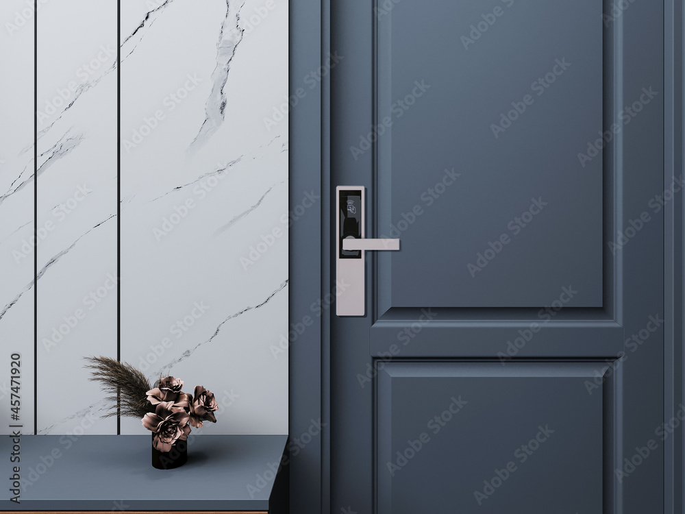 Digital door handle with blue door panel. Digital door lock systems for good safety of home apartment door.  - obrazy, fototapety, plakaty 