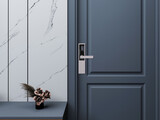 Digital door handle with blue door panel. Digital door lock systems for good safety of home apartment door. 