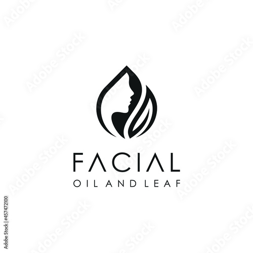 Face Logo Design, Leaf Drops Oil With Silhouette of Beautiful Woman's Face  