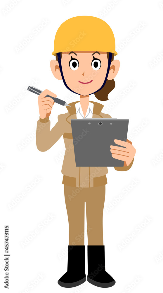 書類に記入する建築現場の女性の全身
