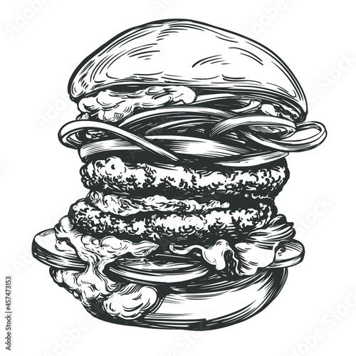 big burger, hamburger hand drawn vector illustration realistic sketch
