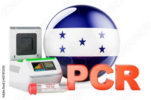 PCR test for COVID-19 in Honduras, concept. PCR thermal cycler with Honduranian flag, 3D rendering photo