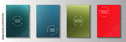 Random dot perforated halftone cover templates vector kit. Corporate brochure faded halftone
