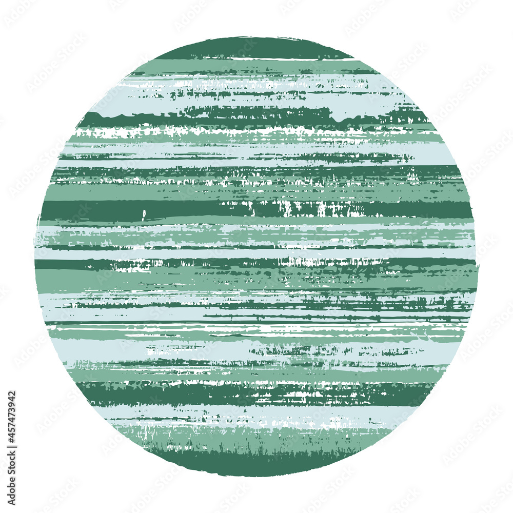 Abrupt circle vector geometric shape with striped texture of paint horizontal lines. Old paint texture disk. Label round shape circle logo element with grunge background of stripes.