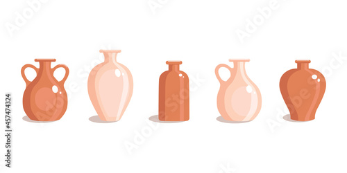 Clay vases set in a flat style. Antique jug. Vector illustration on a white isolated background