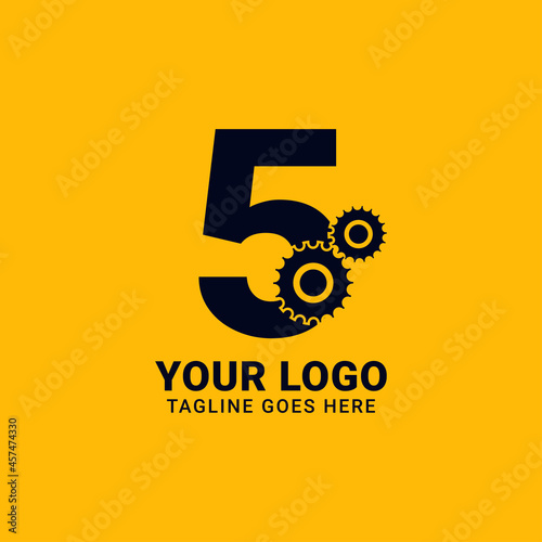 number 5 with gear for technology and mechanical vector logo design