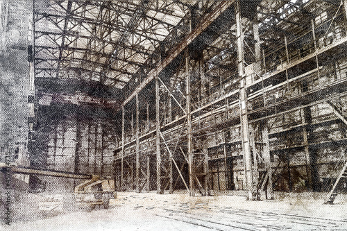 An empty factory floor or warehouse. Industrial architecture. Digital watercolor painting