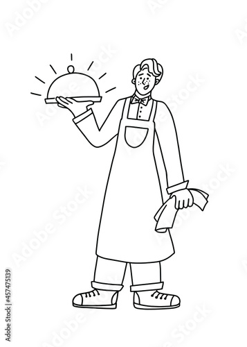 Waiter man holding cloche serving plate. Vector illustration in doodle style.