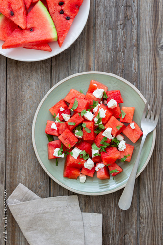 Salad with watermelon, white cheese and mint. Healthy eating. Vegetarian food.