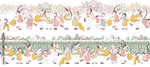 Seamless pattern illustration of Korean villagers enjoying traditional festival "Chuseok" in autumn. Traditional Korean festival "Thanksgiving" in the fall. 