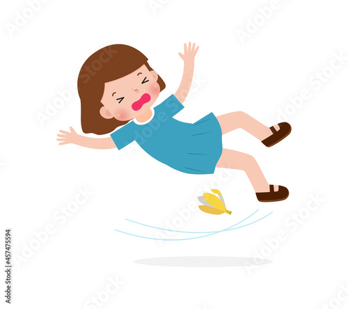 asian children slipping on a banana peel vector illustration isolated on white background