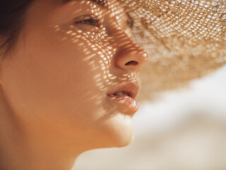 Beach Woman in Sun Hat on Vacation