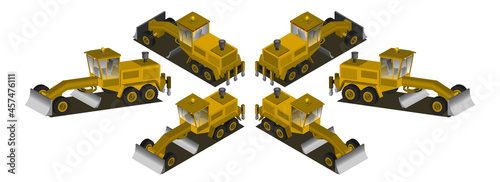 3D set of road and quarry heavy equipment. Yellow three-axle grader with flasher and transparent windows in the cab. In six projections