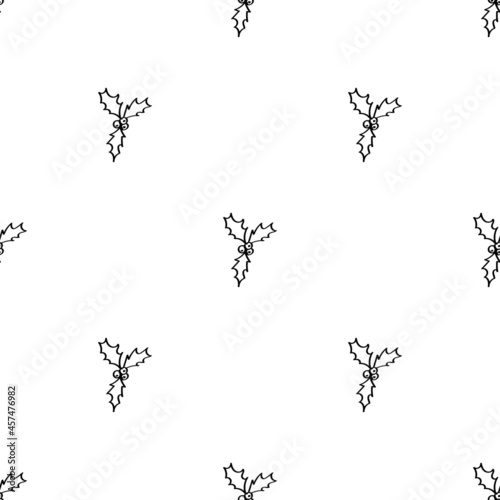 Christmas holly seamless doodle pattern. Black outline on a white background. Christmas hand-drawn design for fabric, wrapping paper. Vector