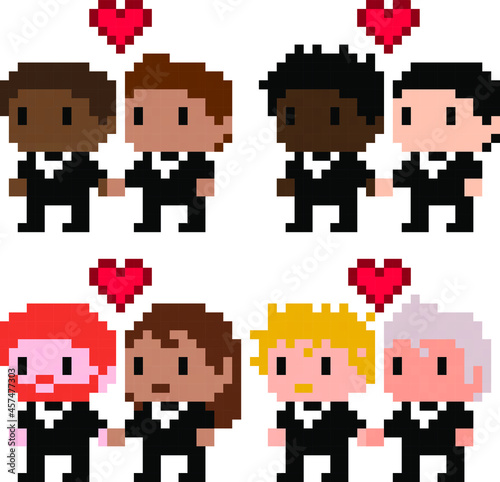Pixel couples of diverse men in love getting married - vector, isolated