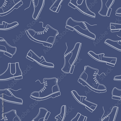 Shoe, boot, footwear color seamless pattern. Background. Handmade shoe, footwear. Shoe store. Bootmaker, shoemaker, cobbler. Shoes atelier, workshop. Shoemaking. Flat vector illustration. Isolated    