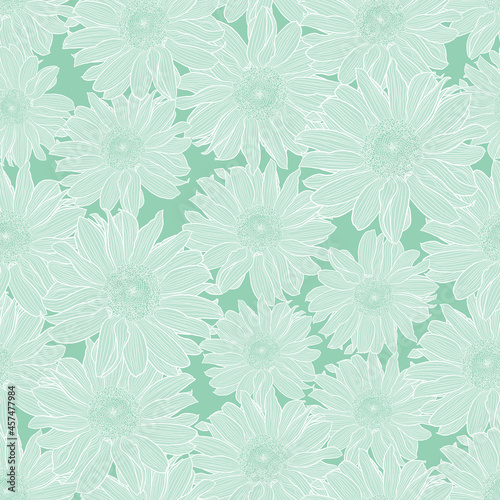 Vector seamless pattern of chamomile flowers in light green pastel colors with white outline. Decorative print for wallpaper, wrapping, textile, fashion fabric or other printable covers.