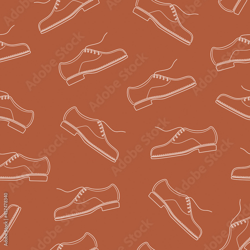 Shoe, boot, footwear color seamless pattern. Background. Handmade shoe, footwear. Shoe store. Bootmaker, shoemaker, cobbler. Shoes atelier, workshop. Shoemaking. Flat vector illustration. Isolated    