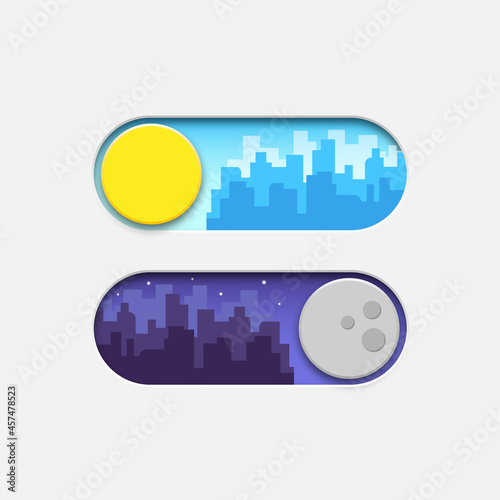 Set of buttons for night and day modes. Night, day switch. Night and day mode icons. Vector illustration. City
