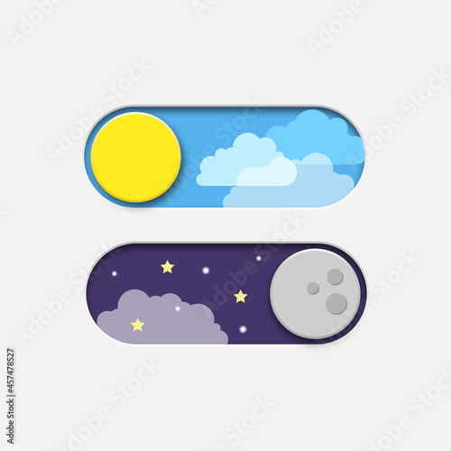 Set of buttons for night and day modes. Night, day switch. Night and day mode icons. Vector illustration. City