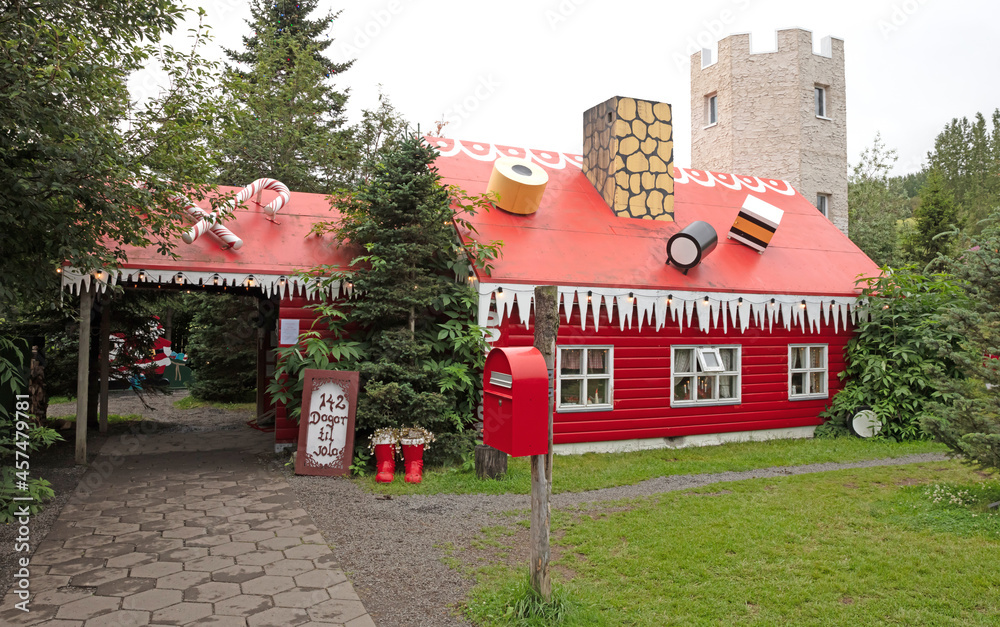 Akureyri, Iceland on August 4, 2021: This is the Santa Claus home in Akureyri in the North of Iceland, where visitors come in to buy candy and Christmas decorations all year long