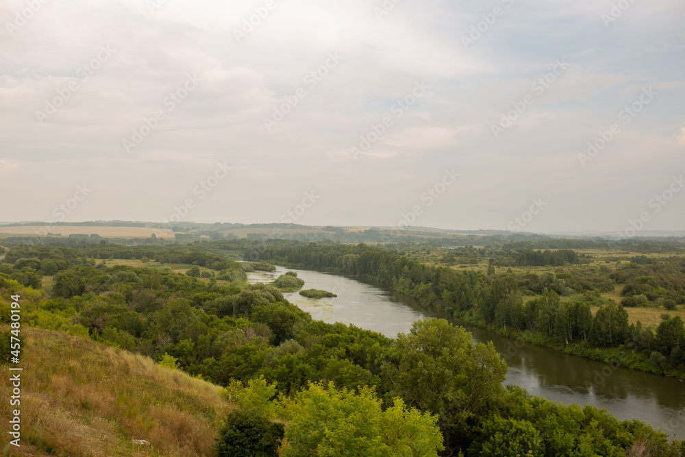 Obraz premium river flowing on a summer cloudy day among trees and bushes in siberia, russia