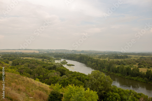 river flowing on a summer cloudy day among trees and bushes in siberia  russia 