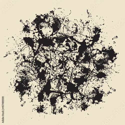 Abstract vector banner with chaotic black spots and blots in the shape of a circle. Creative vector illustration in the grunge style with abstract paint stains on a beige background