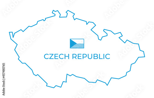Vector simple blue line map of the Czech Republic with monochrome line flag. Isolated on white background.