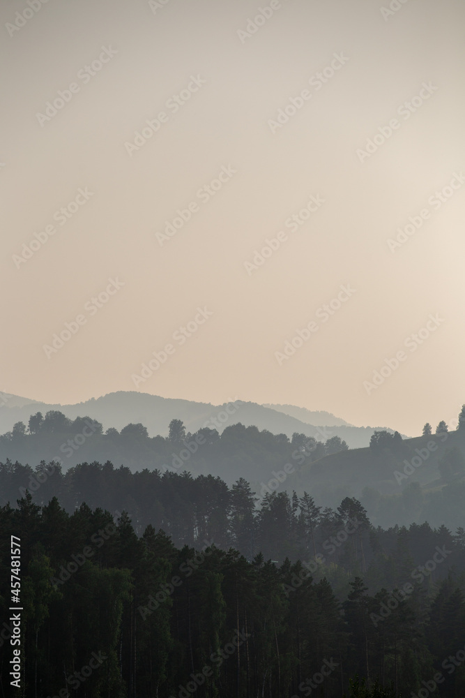 mountains overgrown with forests in a muddy haze by a road at different heights with multi-colored layers
