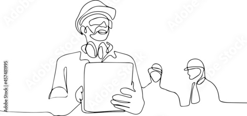 Minimal outline concep. Continuous one line drawing of business building industry technology and people concept smiling builder in hardhat. 