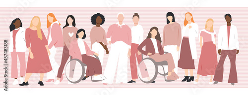 Women of different ethnicities stand side by side together. Flat vector illustration.	